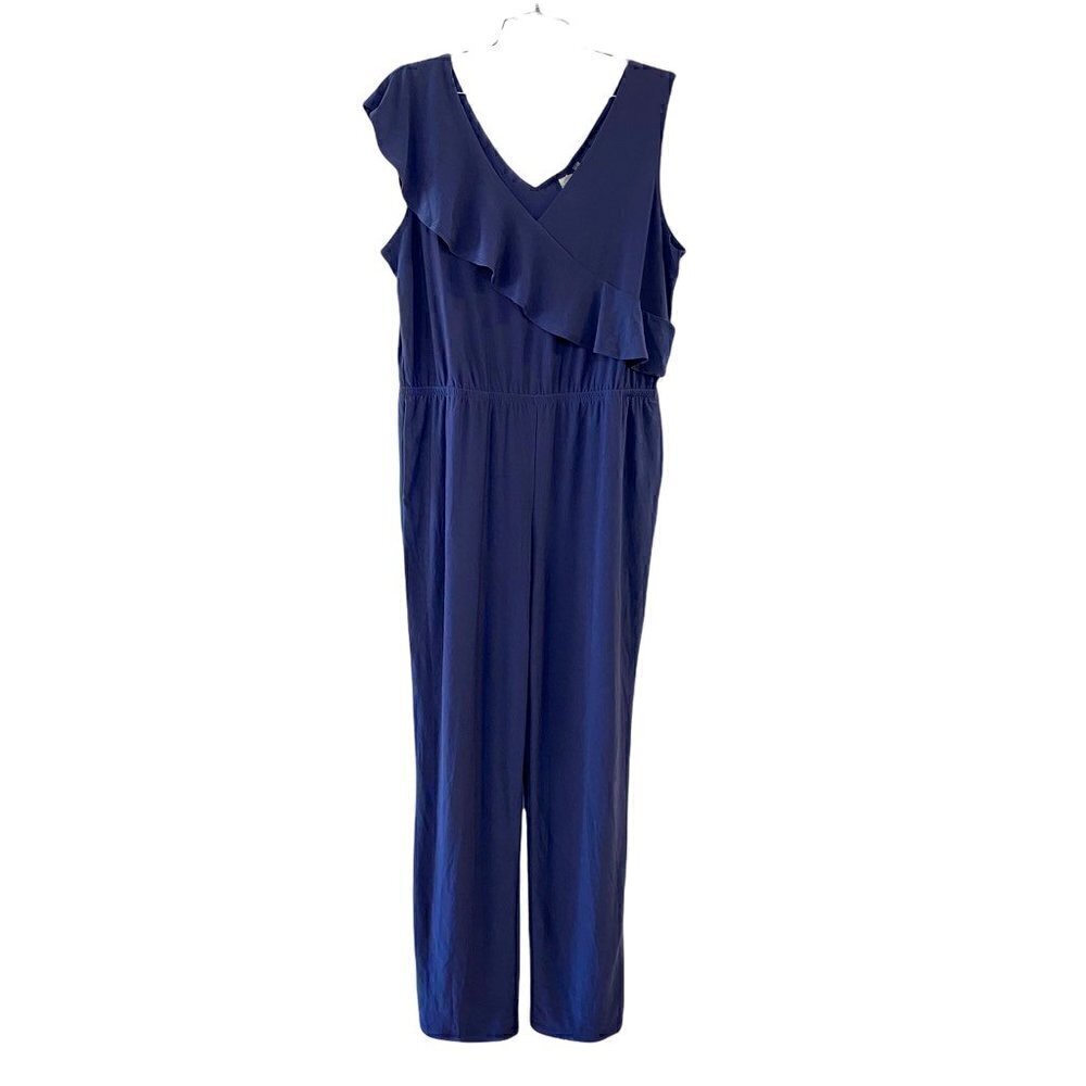 NY Collection Womens Jumpsuit Blue Stretch V Neck Sleeveless Ruffles Large New